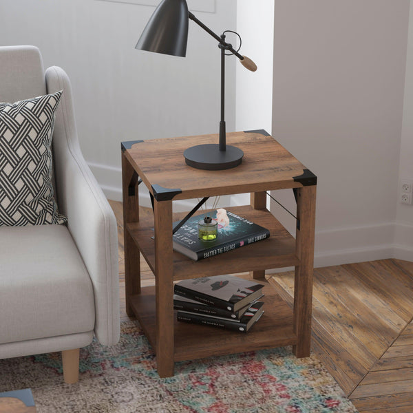 Rustic Oak |#| 3-Tier Side Table with Black Metal Side Braces and Corner Caps - Rustic Oak