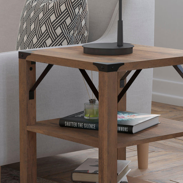 Rustic Oak |#| 3-Tier Side Table with Black Metal Side Braces and Corner Caps - Rustic Oak