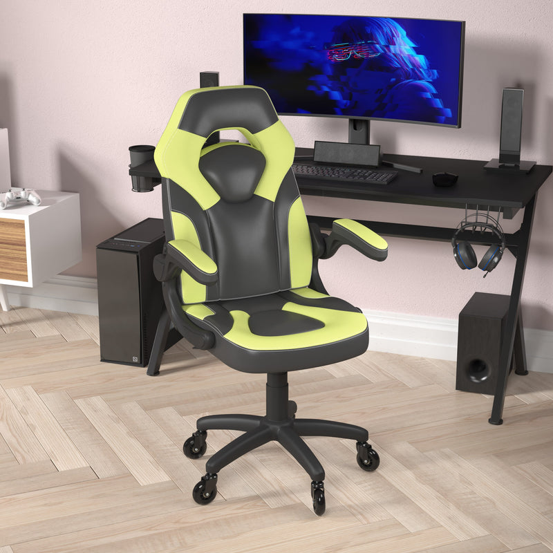 Neon Green |#| Office Gaming Chair with Skater Wheels & Flip Up Arms - Green LeatherSoft