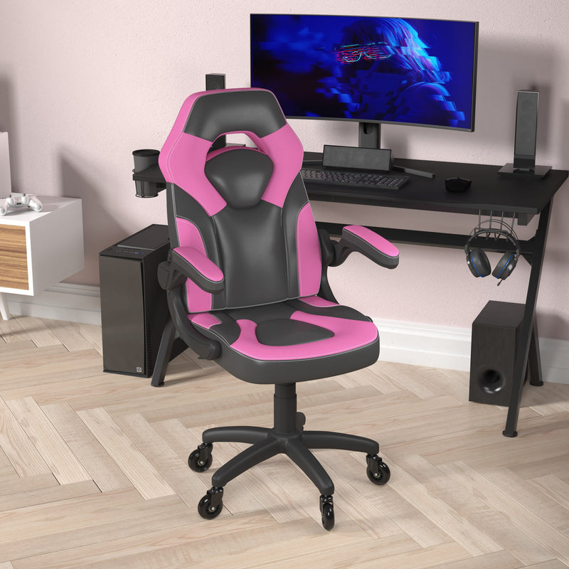 Pink |#| Office Gaming Chair with Skater Wheels & Flip Up Arms - Pink LeatherSoft
