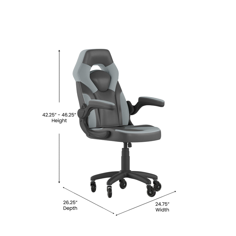 Gray |#| Office Gaming Chair with Skater Wheels & Flip Up Arms - Gray LeatherSoft