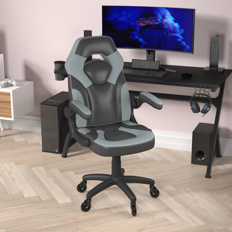 Gray |#| Office Gaming Chair with Skater Wheels & Flip Up Arms - Gray LeatherSoft