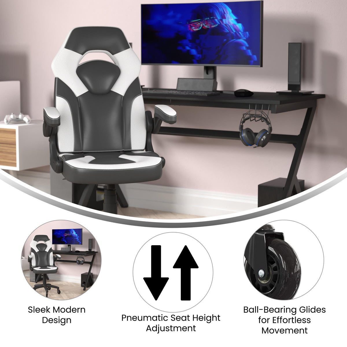 White |#| Office Gaming Chair with Skater Wheels & Flip Up Arms - White LeatherSoft