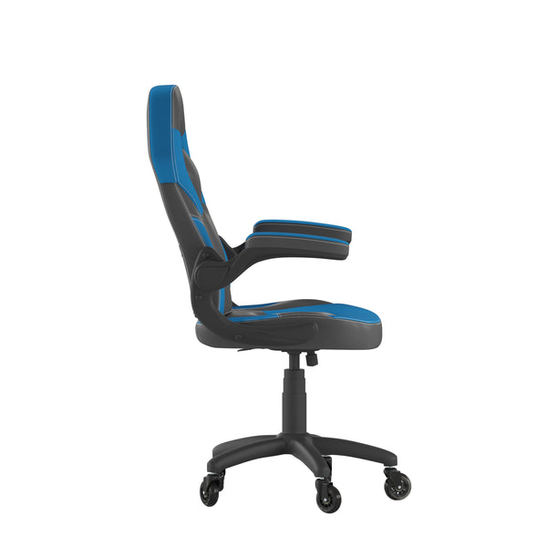 Blue |#| Office Gaming Chair with Skater Wheels & Flip Up Arms - Blue LeatherSoft