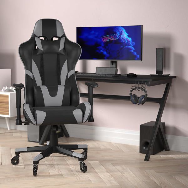 Gray |#| Office Gaming Chair with Roller Wheels & Reclining Back - Gray LeatherSoft