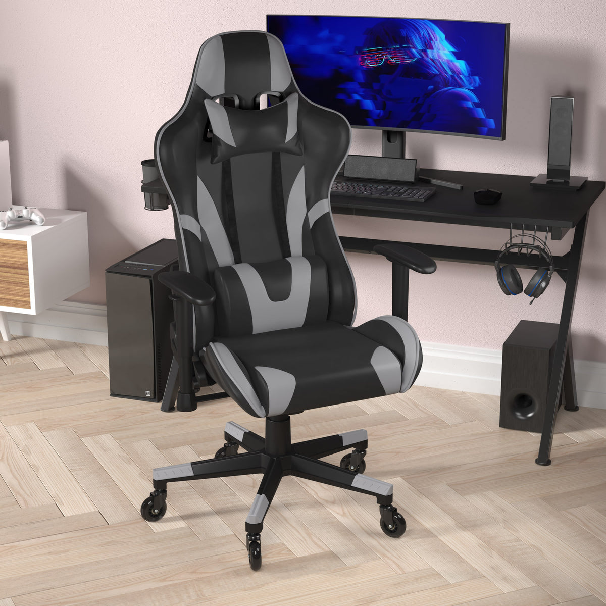 Gray |#| Office Gaming Chair with Roller Wheels & Reclining Back - Gray LeatherSoft