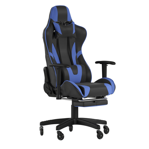 Blue |#| Gaming Chair with Roller Wheels, Reclining Arms, Footrest-Blue LeatherSoft