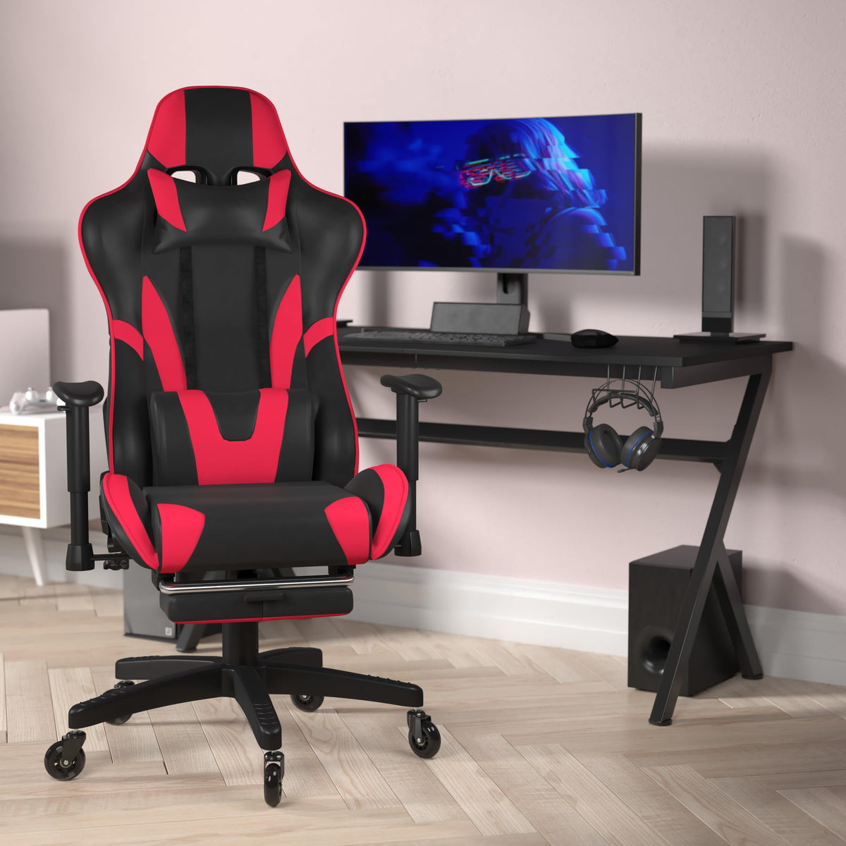 Red |#| Gaming Chair with Roller Wheels, Reclining Arms, Footrest-Red LeatherSoft