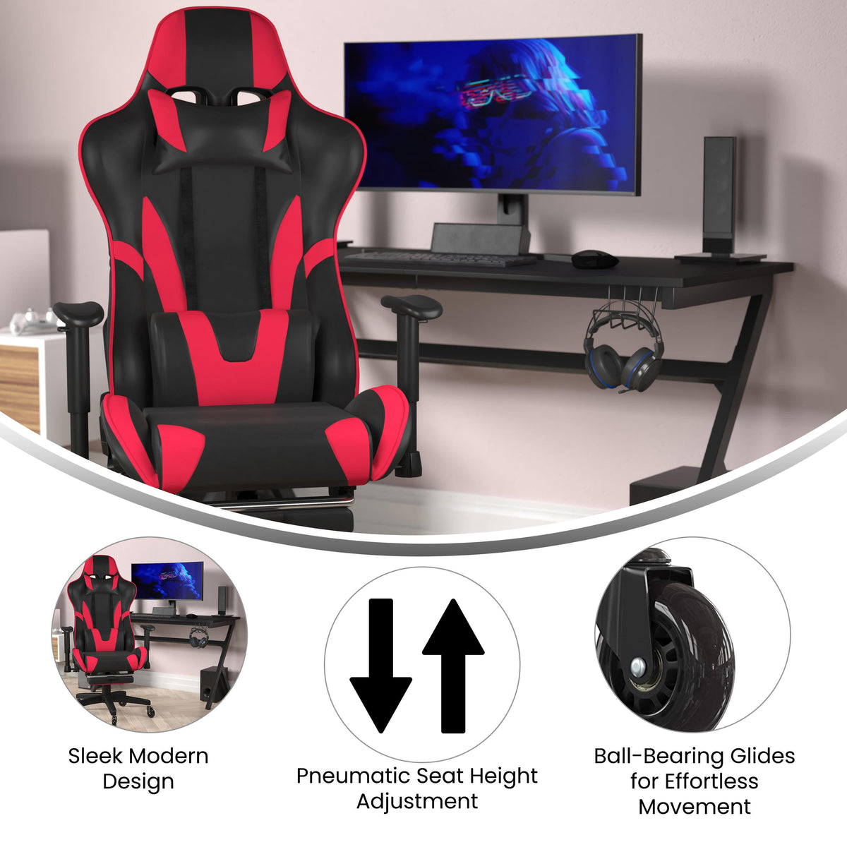 Red |#| Gaming Chair with Roller Wheels, Reclining Arms, Footrest-Red LeatherSoft