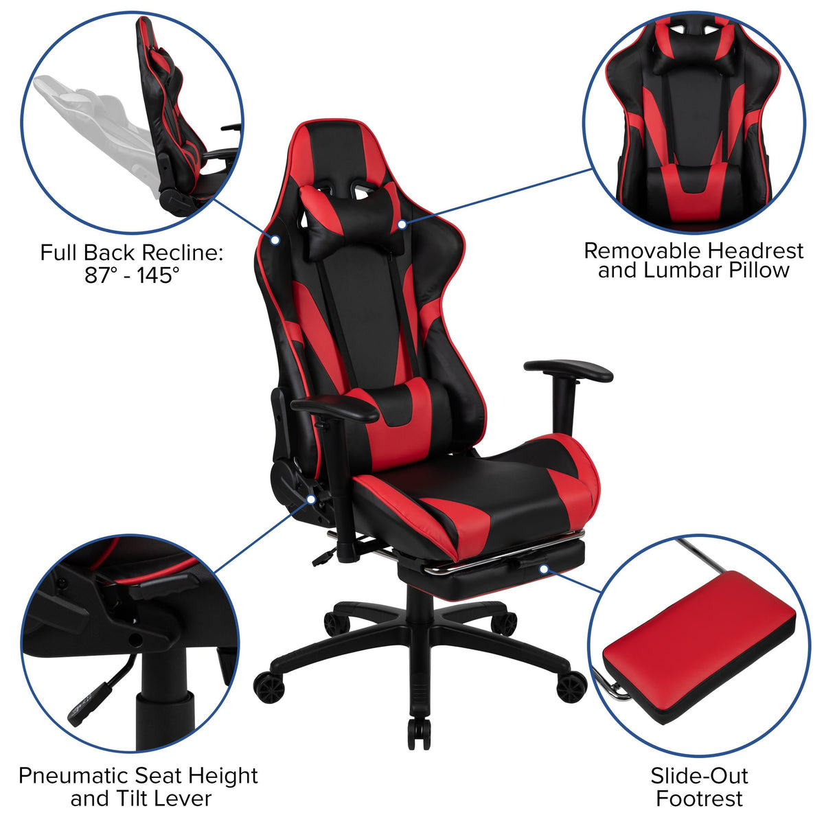 Red |#| Racing Gaming Ergonomic Chair with Reclining Back, Footrest in Red LeatherSoft