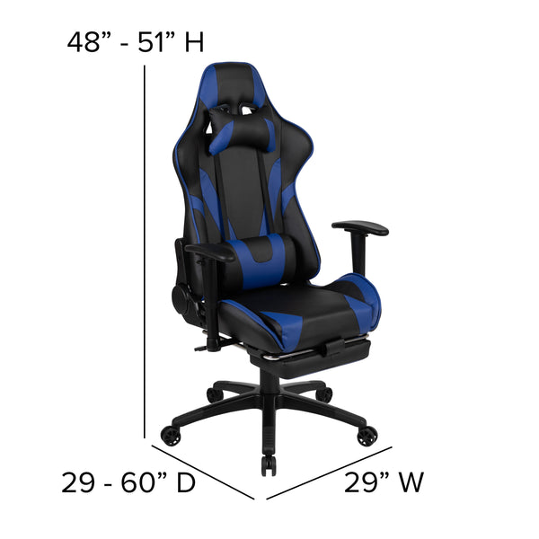 Blue |#| Racing Gaming Ergonomic Chair with Reclining Back, Footrest in Blue LeatherSoft