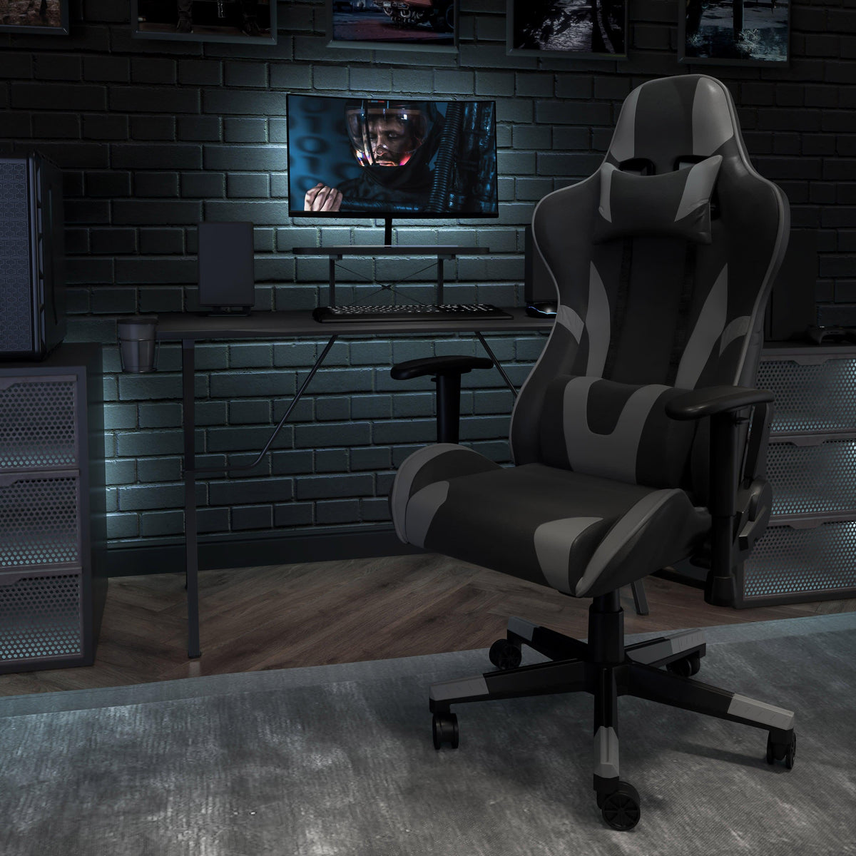 Gray |#| Racing Gaming Ergonomic Chair with Reclining Back, Footrest in Gray LeatherSoft