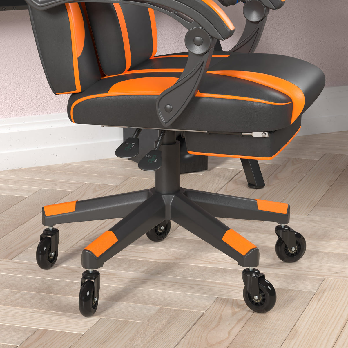 Black with Orange Trim |#| Office Gaming Chair with Skater Wheels & Reclining Arms - Orange LeatherSoft