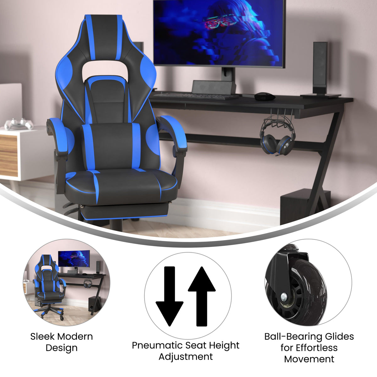 Black with Blue Trim |#| Office Gaming Chair with Skater Wheels & Reclining Arms - Blue LeatherSoft