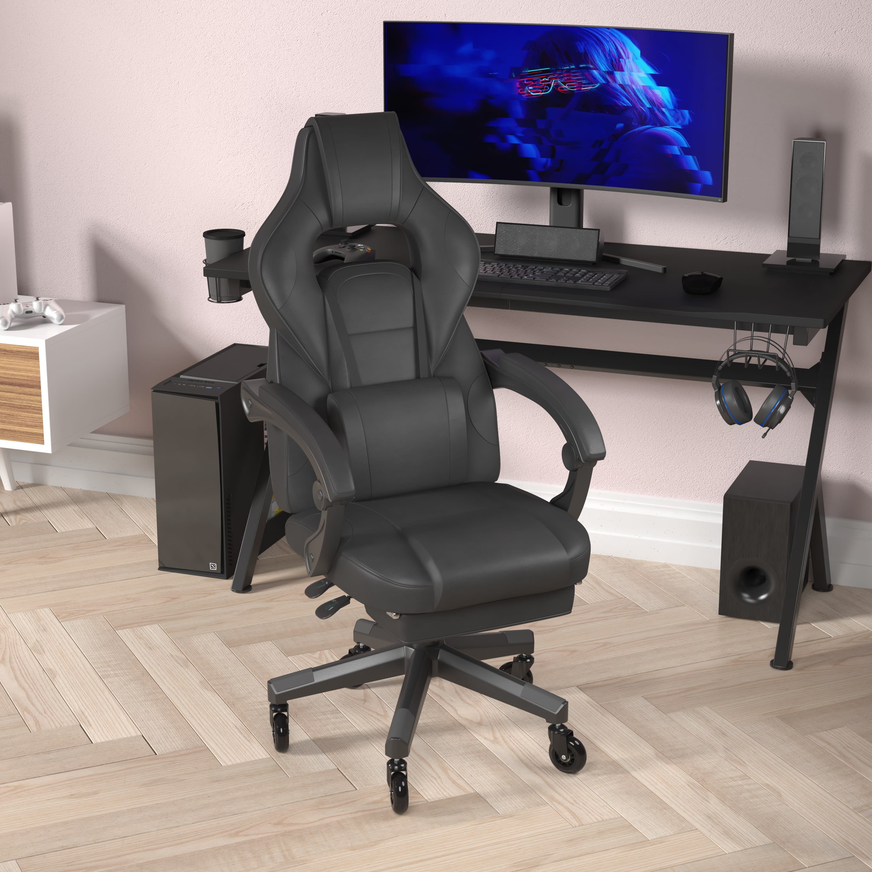 Gaming chair with store table attached