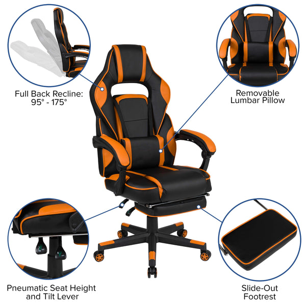 Black with Orange Trim |#| Black/Orange Ergonomic Gaming Chair-Recline Back/Arms-Footrest-Massaging Lumbar