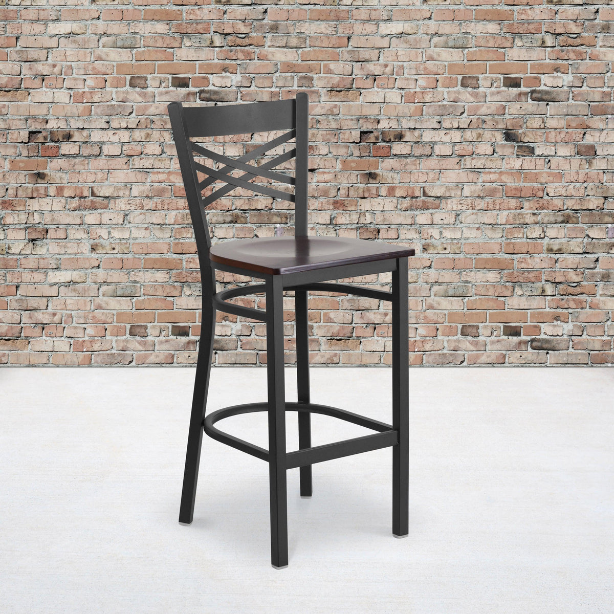 Walnut Wood Seat/Black Metal Frame |#| Black inchXinch Back Metal Restaurant Barstool - Walnut Wood Seat