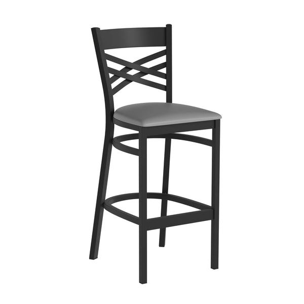Natural Wood Seat/Black Metal Frame |#| Black "X" Back Metal Restaurant Barstool - Natural Wood Seat