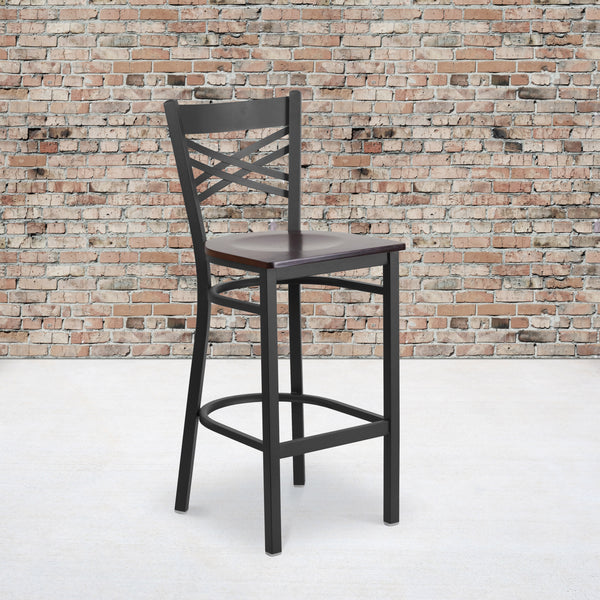 Walnut Wood Seat/Black Metal Frame |#| Black "X" Back Metal Restaurant Barstool - Walnut Wood Seat