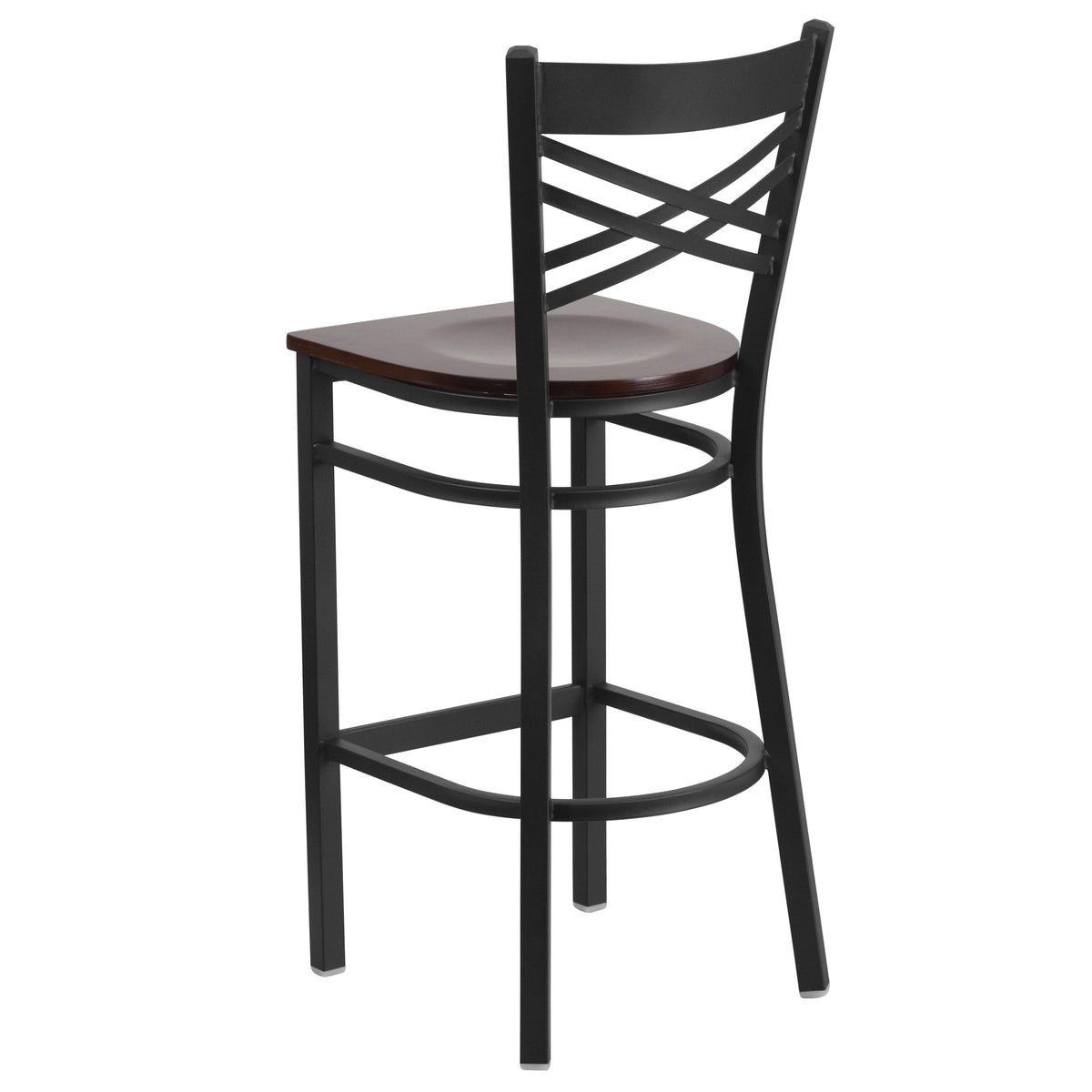 Walnut Wood Seat/Black Metal Frame |#| Black "X" Back Metal Restaurant Barstool - Walnut Wood Seat