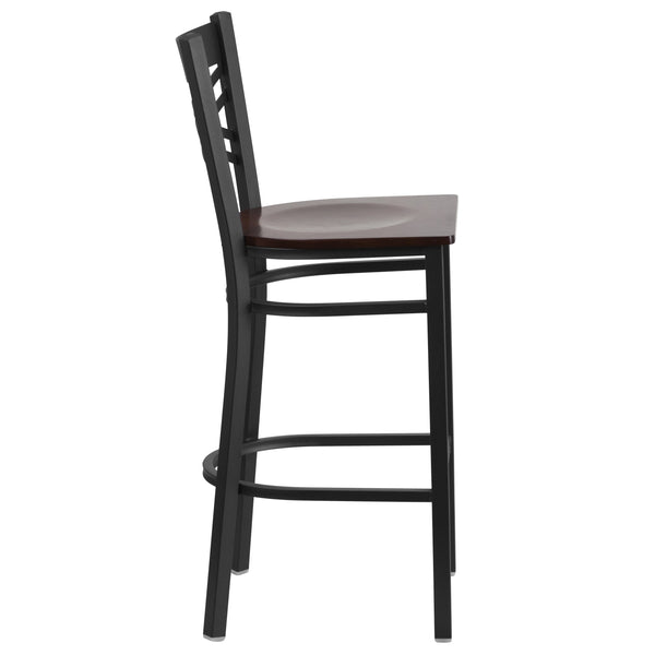 Walnut Wood Seat/Black Metal Frame |#| Black "X" Back Metal Restaurant Barstool - Walnut Wood Seat