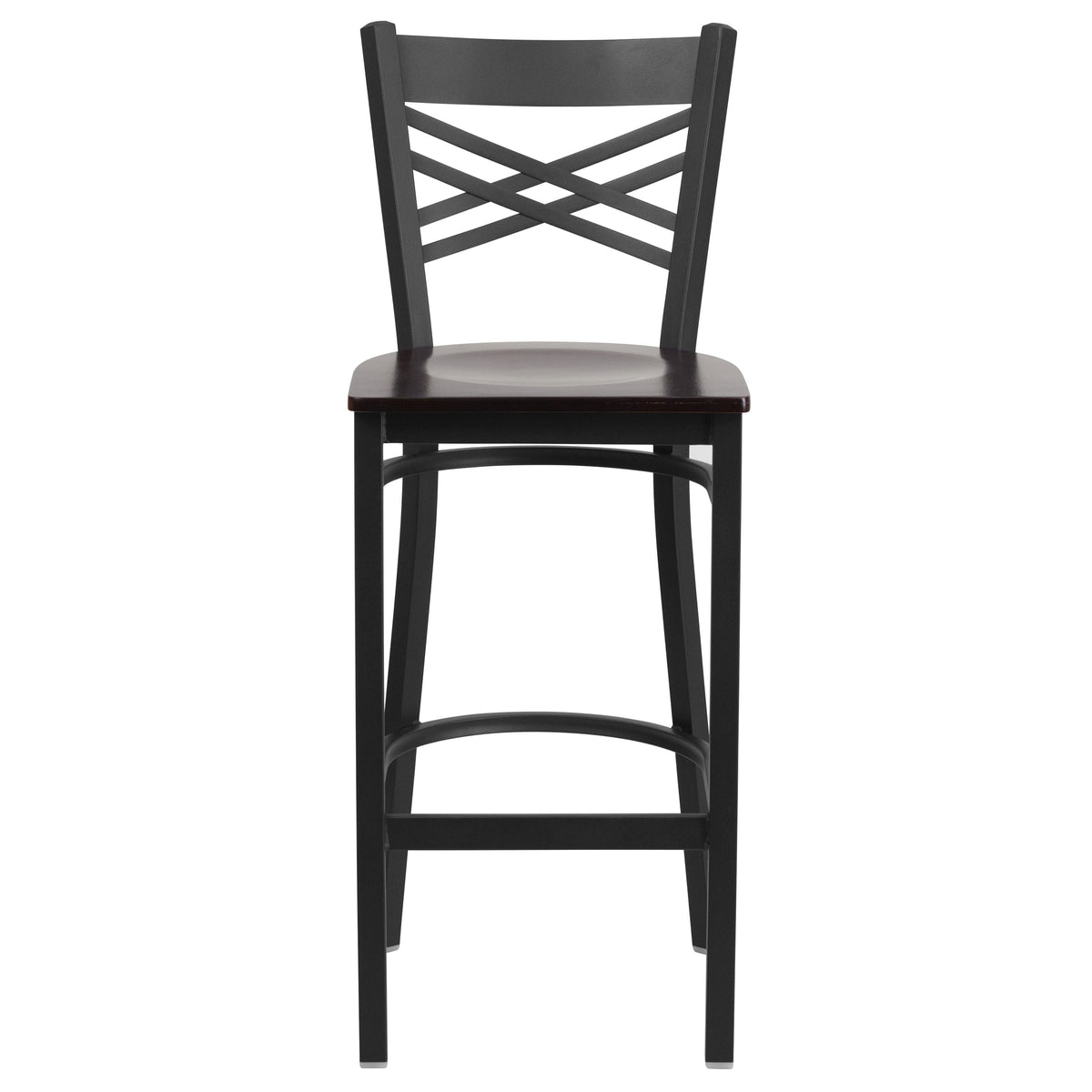 Walnut Wood Seat/Black Metal Frame |#| Black "X" Back Metal Restaurant Barstool - Walnut Wood Seat