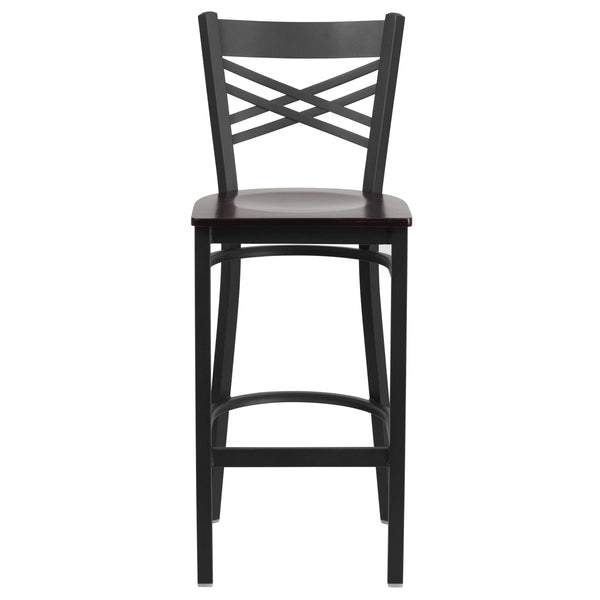 Walnut Wood Seat/Black Metal Frame |#| Black "X" Back Metal Restaurant Barstool - Walnut Wood Seat