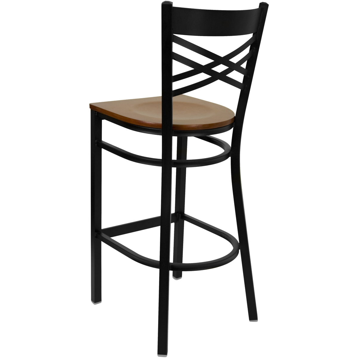 Cherry Wood Seat/Black Metal Frame |#| Black "X" Back Metal Restaurant Barstool - Cherry Wood Seat