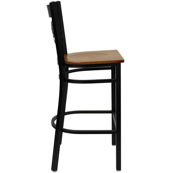 Cherry Wood Seat/Black Metal Frame |#| Black "X" Back Metal Restaurant Barstool - Cherry Wood Seat