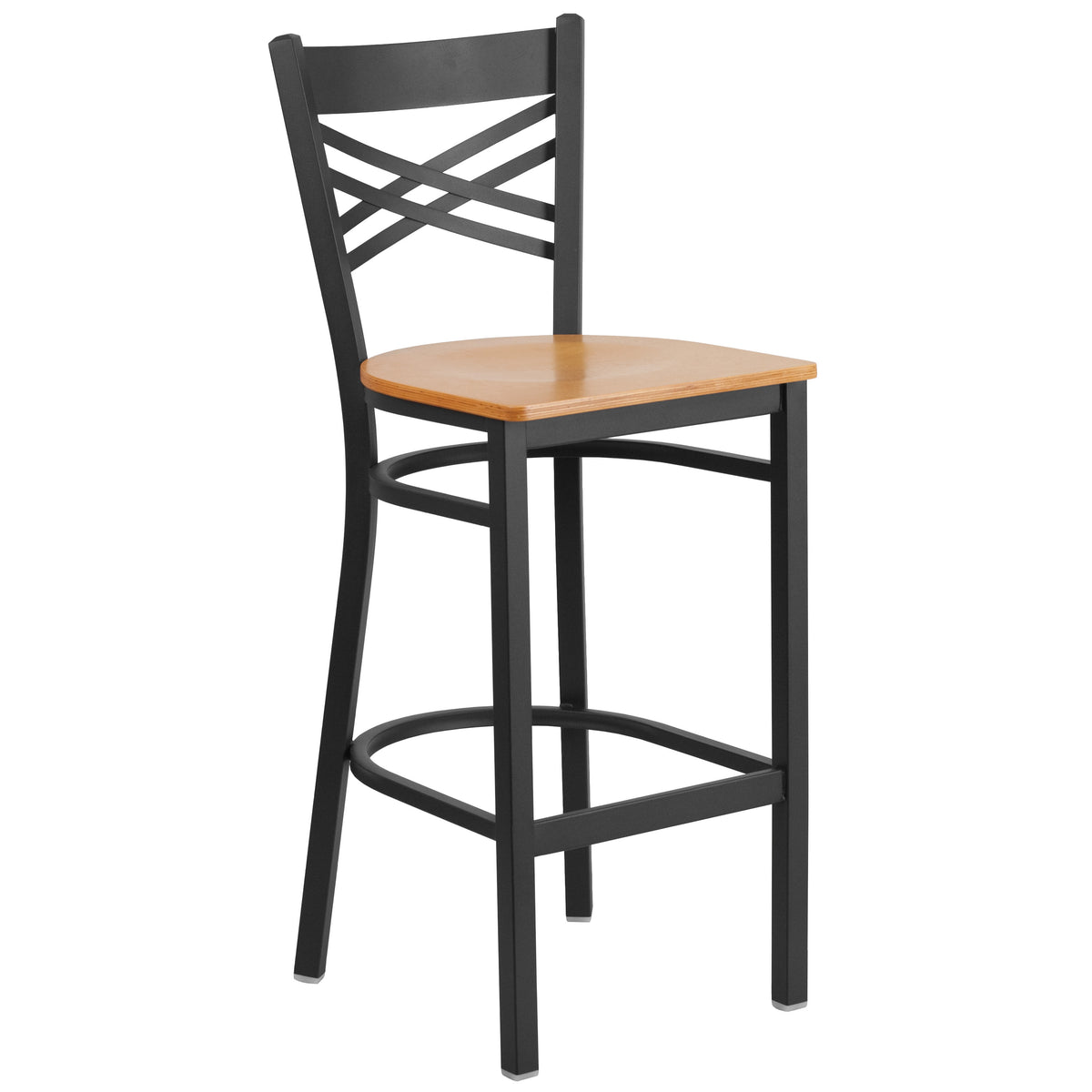 Natural Wood Seat/Black Metal Frame |#| Black "X" Back Metal Restaurant Barstool - Natural Wood Seat