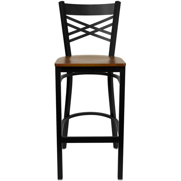 Cherry Wood Seat/Black Metal Frame |#| Black "X" Back Metal Restaurant Barstool - Cherry Wood Seat