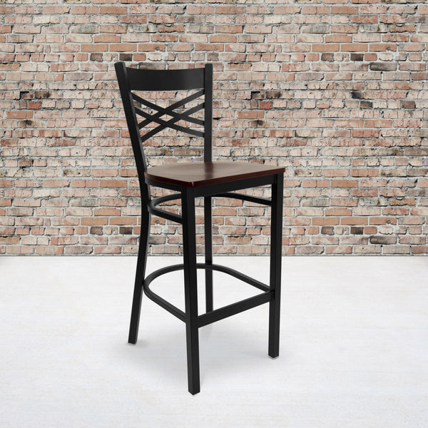 Mahogany Wood Seat/Black Metal Frame |#| Black "X" Back Metal Restaurant Barstool - Mahogany Wood Seat