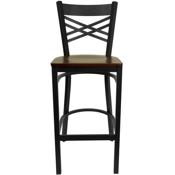 Mahogany Wood Seat/Black Metal Frame |#| Black "X" Back Metal Restaurant Barstool - Mahogany Wood Seat