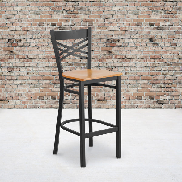 Natural Wood Seat/Black Metal Frame |#| Black "X" Back Metal Restaurant Barstool - Natural Wood Seat