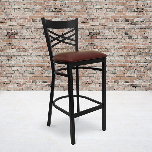 Burgundy Vinyl Seat/Black Metal Frame |#| Black "X" Back Metal Restaurant Barstool - Burgundy Vinyl Seat
