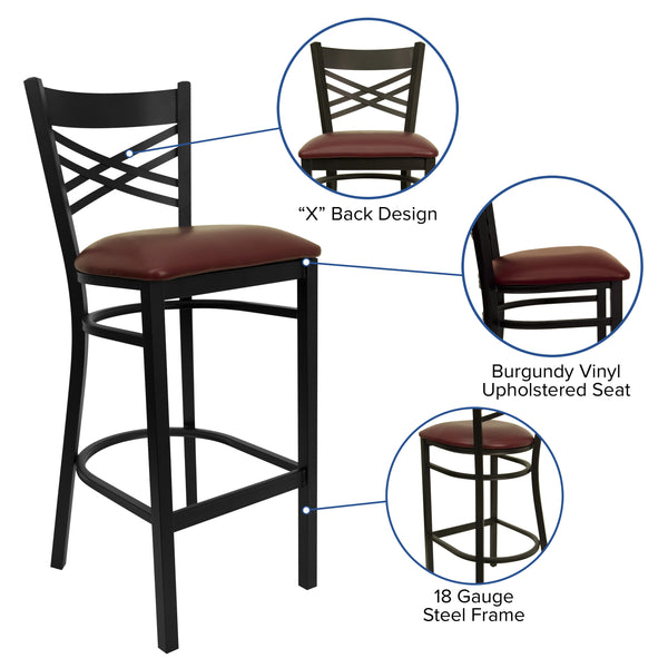 Burgundy Vinyl Seat/Black Metal Frame |#| Black "X" Back Metal Restaurant Barstool - Burgundy Vinyl Seat