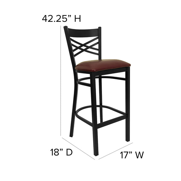 Burgundy Vinyl Seat/Black Metal Frame |#| Black "X" Back Metal Restaurant Barstool - Burgundy Vinyl Seat