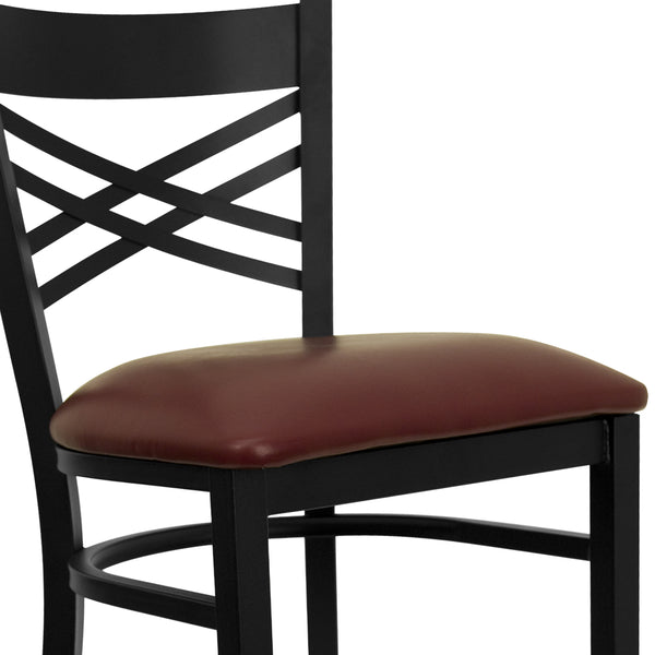 Burgundy Vinyl Seat/Black Metal Frame |#| Black "X" Back Metal Restaurant Barstool - Burgundy Vinyl Seat