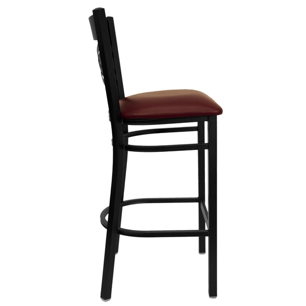 Burgundy Vinyl Seat/Black Metal Frame |#| Black "X" Back Metal Restaurant Barstool - Burgundy Vinyl Seat
