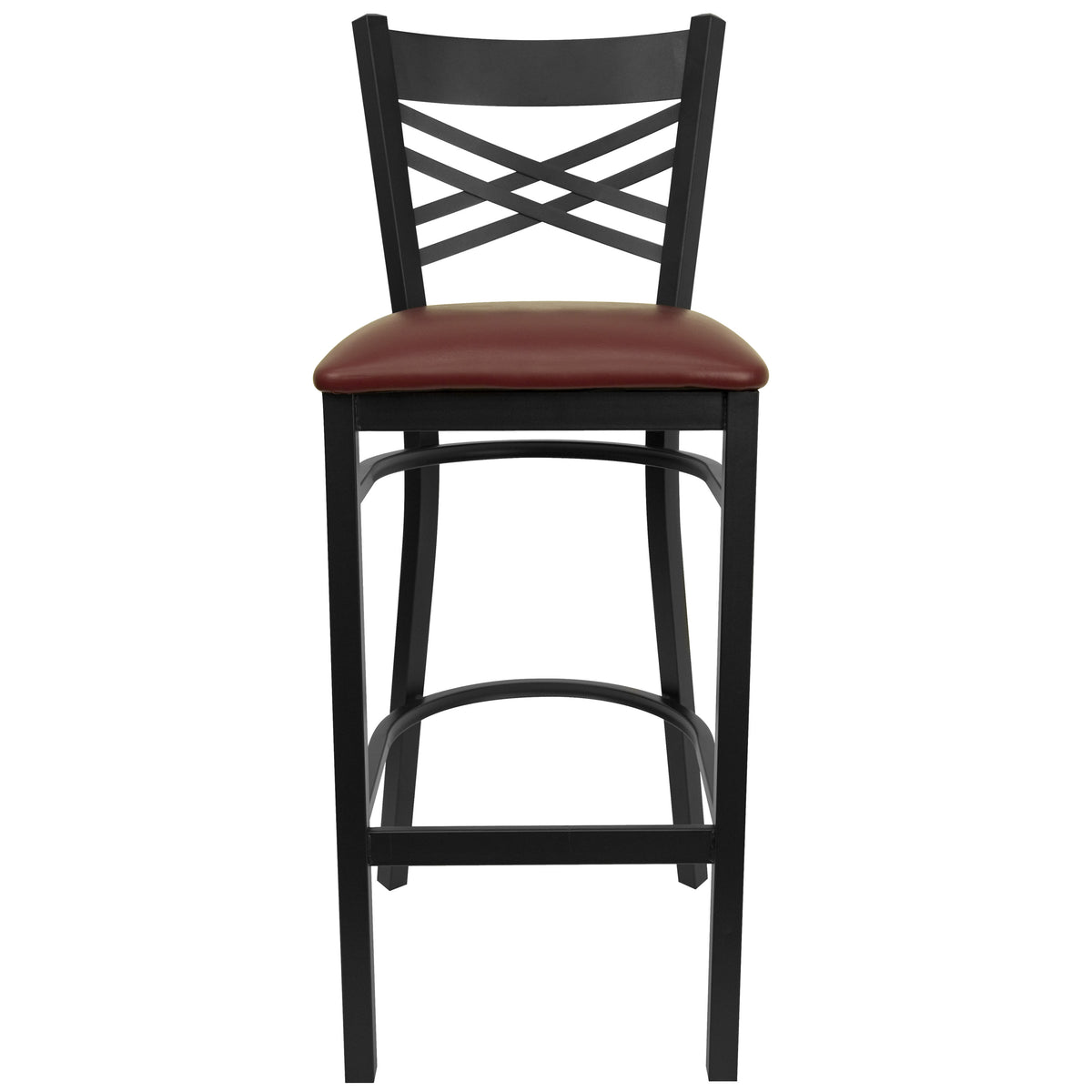 Burgundy Vinyl Seat/Black Metal Frame |#| Black "X" Back Metal Restaurant Barstool - Burgundy Vinyl Seat