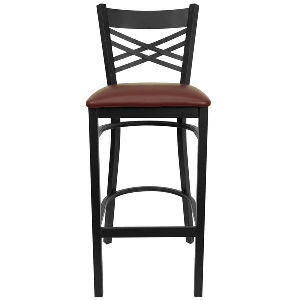 Burgundy Vinyl Seat/Black Metal Frame |#| Black "X" Back Metal Restaurant Barstool - Burgundy Vinyl Seat