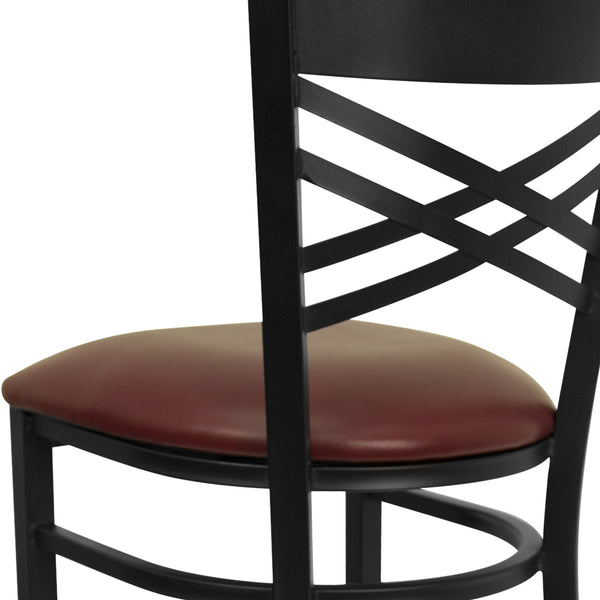 Burgundy Vinyl Seat/Black Metal Frame |#| Black "X" Back Metal Restaurant Barstool - Burgundy Vinyl Seat