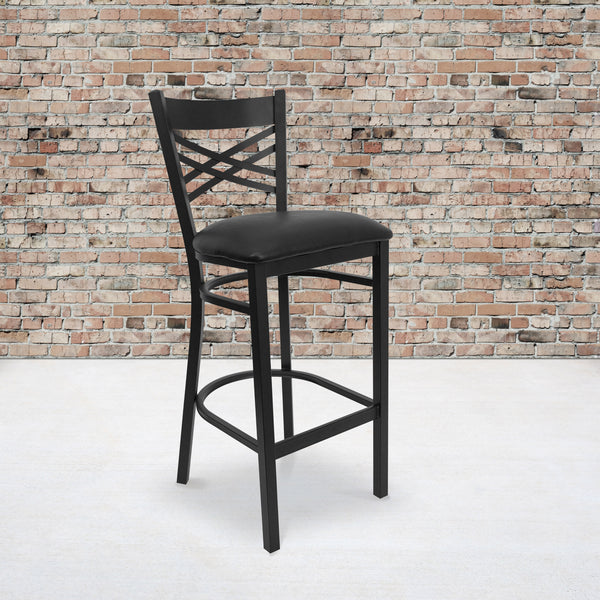 Black Vinyl Seat/Black Metal Frame |#| Black "X" Back Metal Restaurant Barstool - Black Vinyl Seat