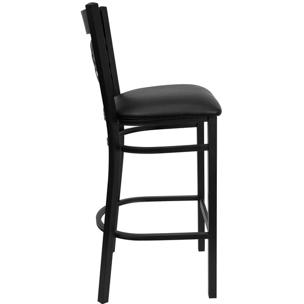 Black Vinyl Seat/Black Metal Frame |#| Black "X" Back Metal Restaurant Barstool - Black Vinyl Seat