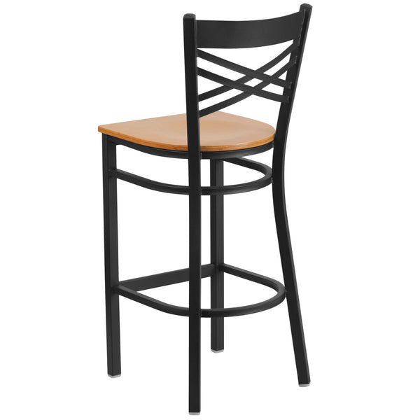 Natural Wood Seat/Black Metal Frame |#| Black "X" Back Metal Restaurant Barstool - Natural Wood Seat