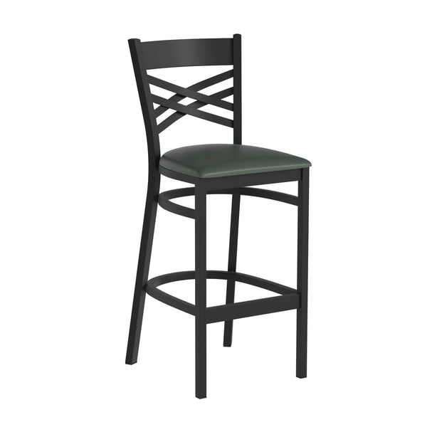 Antique White Wood Seat/Black Metal Frame |#| Black "X" Back Metal Restaurant Barstool - Antique White Wood Seat