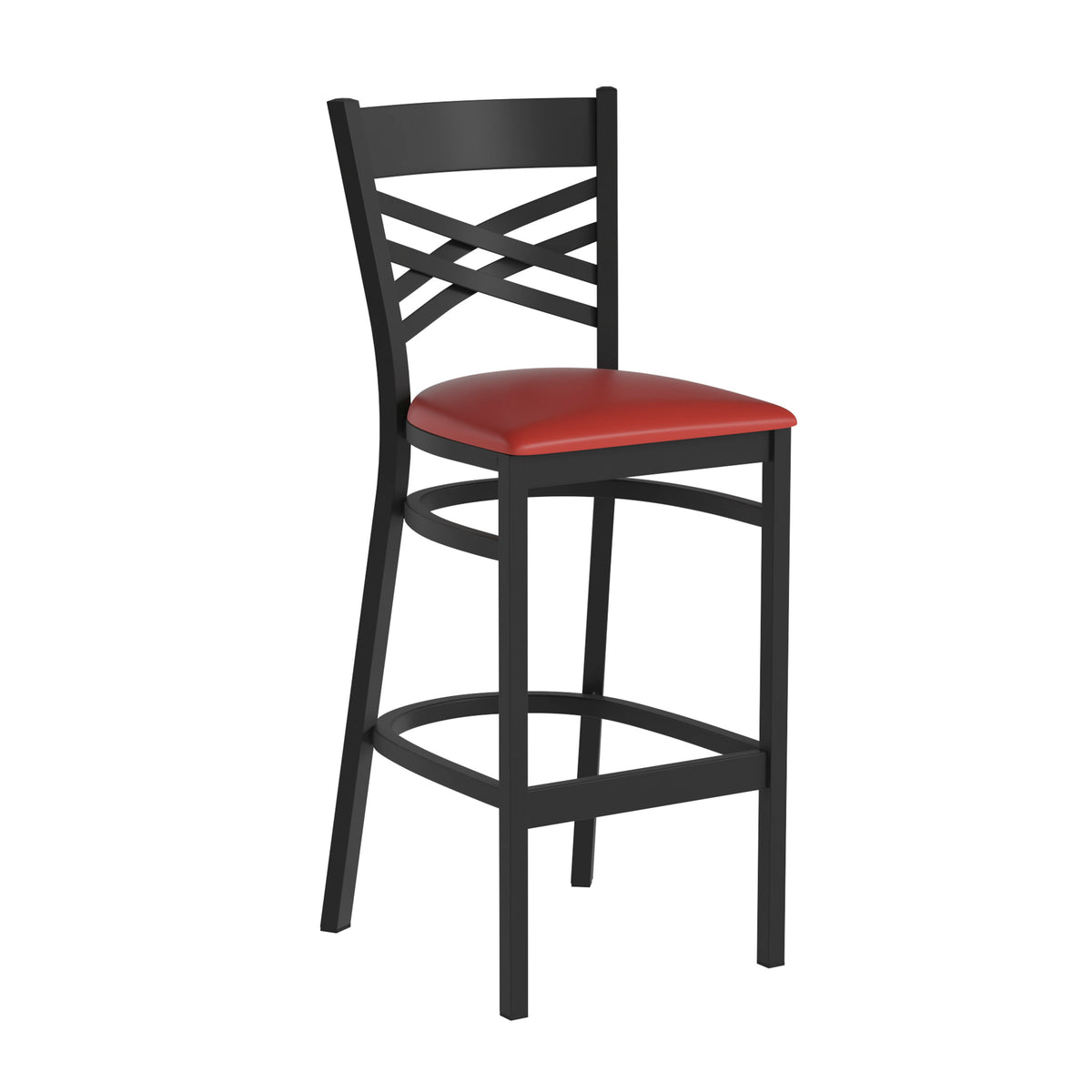 Red Vinyl Seat/Black Metal Frame |#| Black "X" Back Metal Restaurant Barstool - Red Vinyl Seat