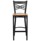 Natural Wood Seat/Black Metal Frame |#| Black "X" Back Metal Restaurant Barstool - Natural Wood Seat