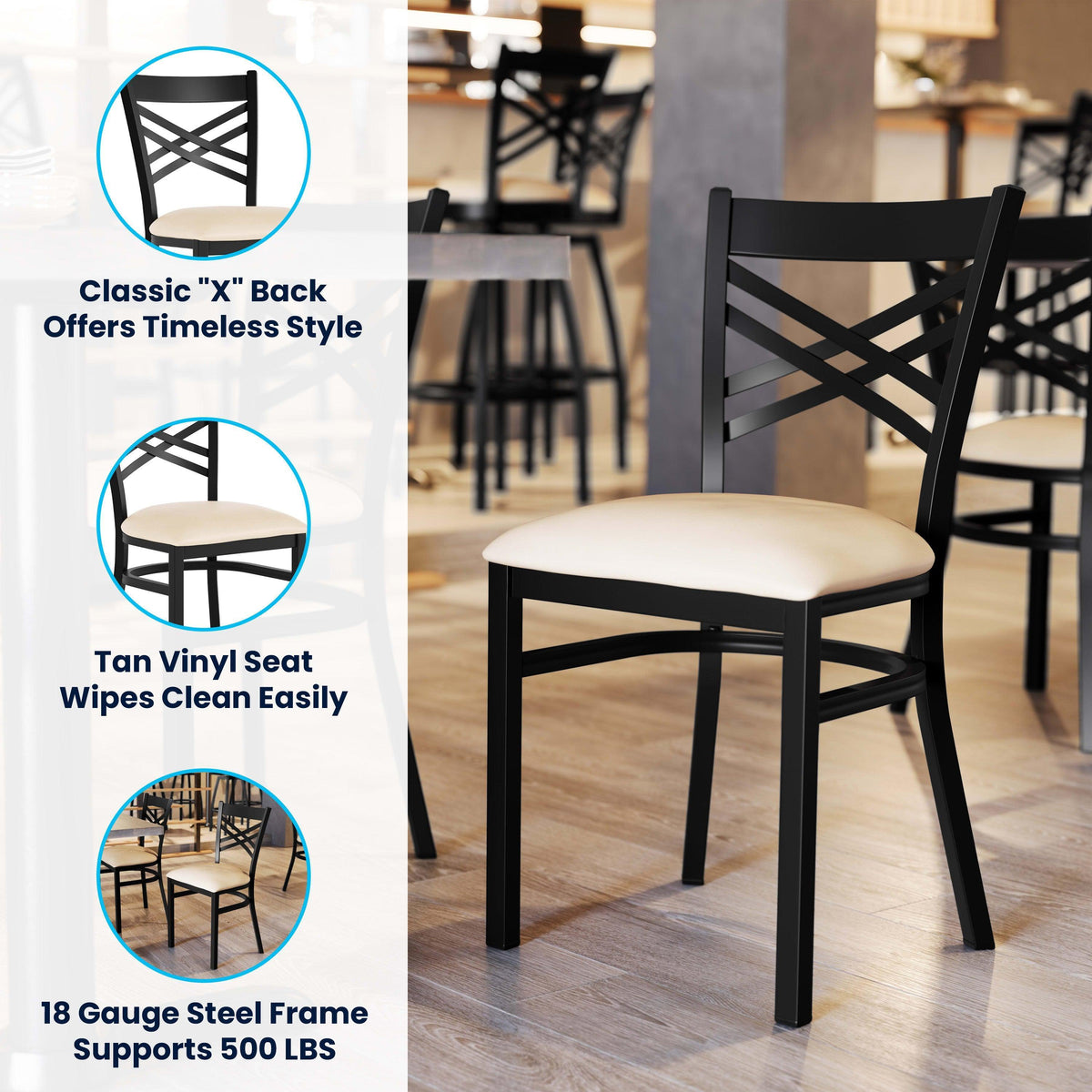 Tan Vinyl Seat/Black Metal Frame |#| Commercial Black X-Back Metal Restaurant Chair with Tan Vinyl Seat