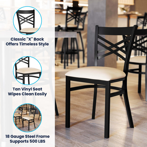 Tan Vinyl Seat/Black Metal Frame |#| Commercial Black X-Back Metal Restaurant Chair with Tan Vinyl Seat